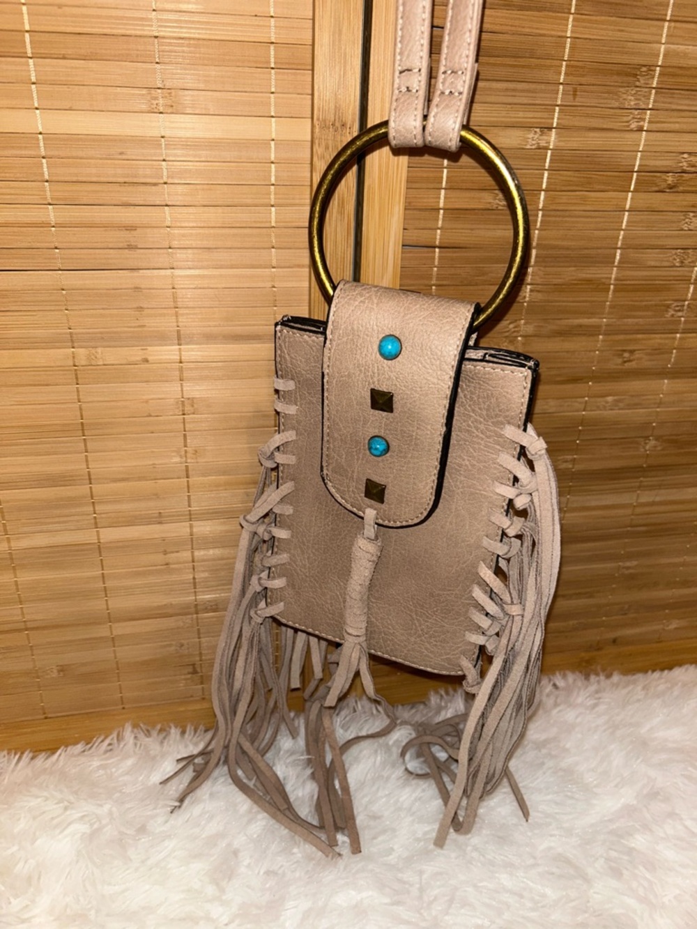 Mudd Faux Leather Taupe Cell Phone Crossbody Bag Studded Fringe O-ring handle